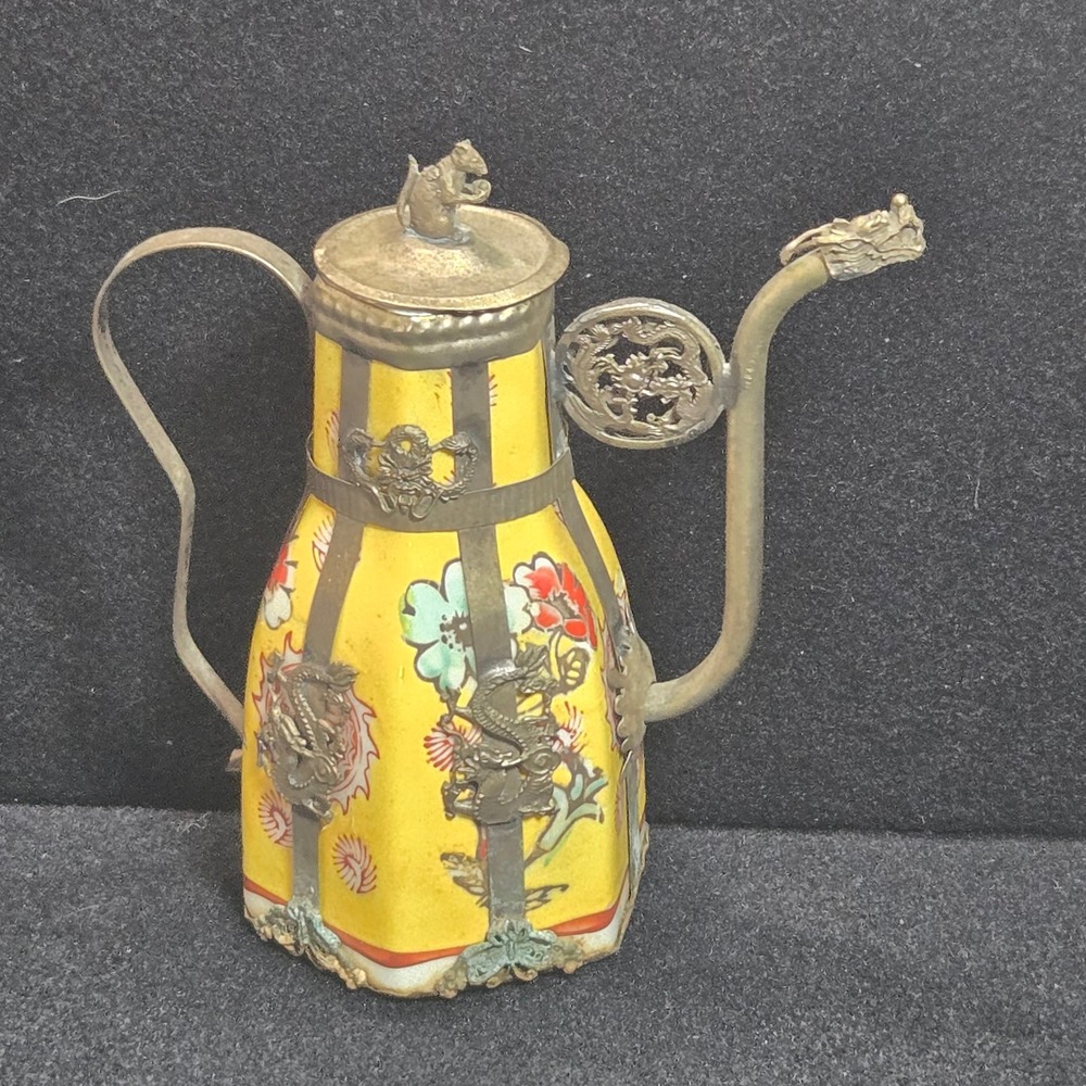 Vintage‎ Chinese Porcelain Teapot Yellow Floral Dragon Metal Overlay Rat Finial